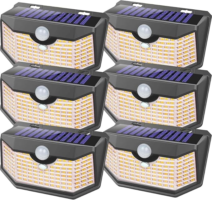 HMCITY 120 LED Outdoor Solar Lights- with Motion Sensor and 3 Lighting Modes, IP65 Waterproof Wide Solar Wall Lights Ideal for Garden Patio Yard (Front Button 6Packs, Black Shell-Warm White) by LightingUpYourLife