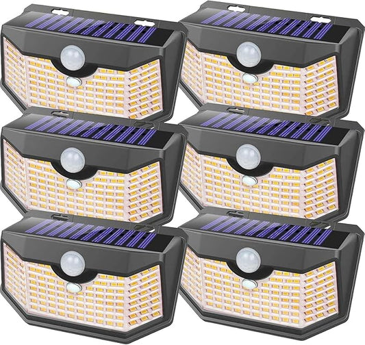 HMCITY 120 LED Outdoor Solar Lights- with Motion Sensor and 3 Lighting Modes, IP65 Waterproof Wide Solar Wall Lights Ideal for Garden Patio Yard (Front Button 6Packs, Black Shell-Warm White) by LightingUpYourLife
