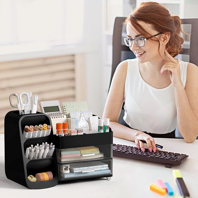 HBlife Desk Organizer with Pen Pencil Holder for Desk, Pen Organizer with 2 Drawers, Desk Organizers and Accessories with 4 Compartments, Desktop Storage for Office Home School Art Supplies, Black - Image 7