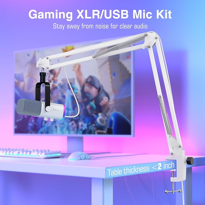 FIFINE AmpliGame AM8TW Gaming XLR/USB Microphone Kit Streaming Dynamic Mic | Computer Mic with Controllable RGB, Headphones Jack, Gain Knob, Arm Stand, for Vocal Podcast Recording Voiceover, White - Image 2