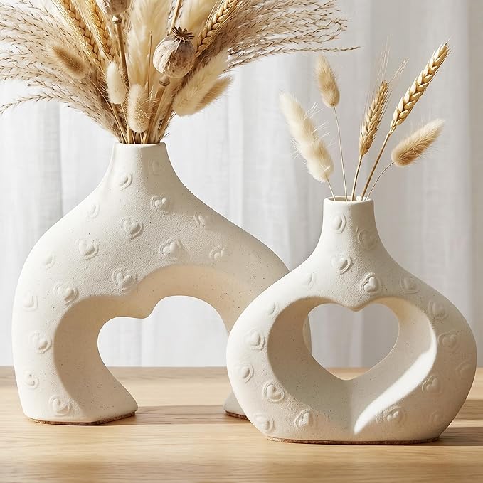 White Ceramic Flower Vases Table Decor Heart Shaped Vase Set of 2 | Nordic Heart Shaped Vases Minimalist Decorative Vase for Table Centerpiece Wedding Dining Living Room Office House Decoration by Zormon