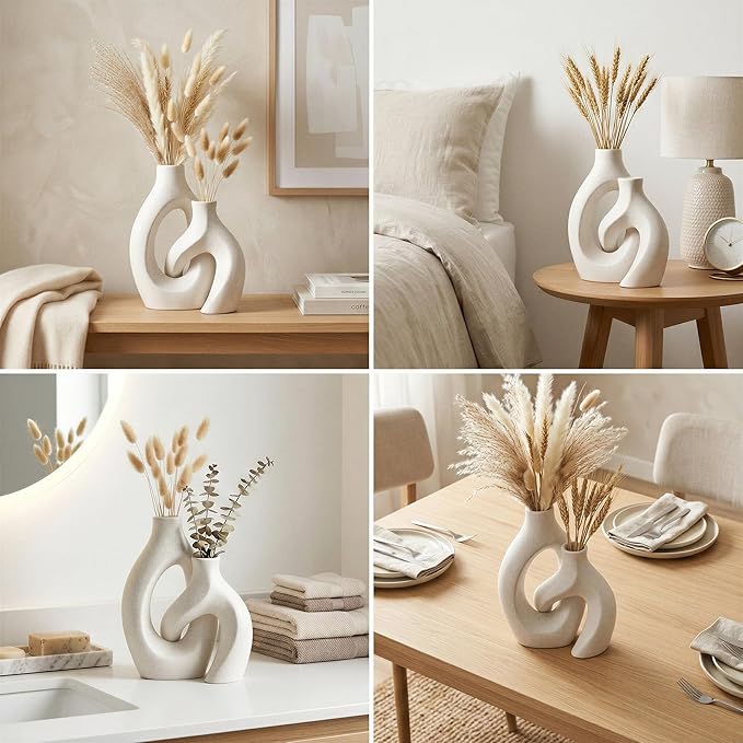 White Ceramic Vase Set of 2, Hollow Oval Flower Vases for Decor, Handmade Nordic Minimalist Ceramic Vase for Pampas Grass, Living Room, Farmhouse & Boho Home Decor, Housewarming Gifts - Image 5