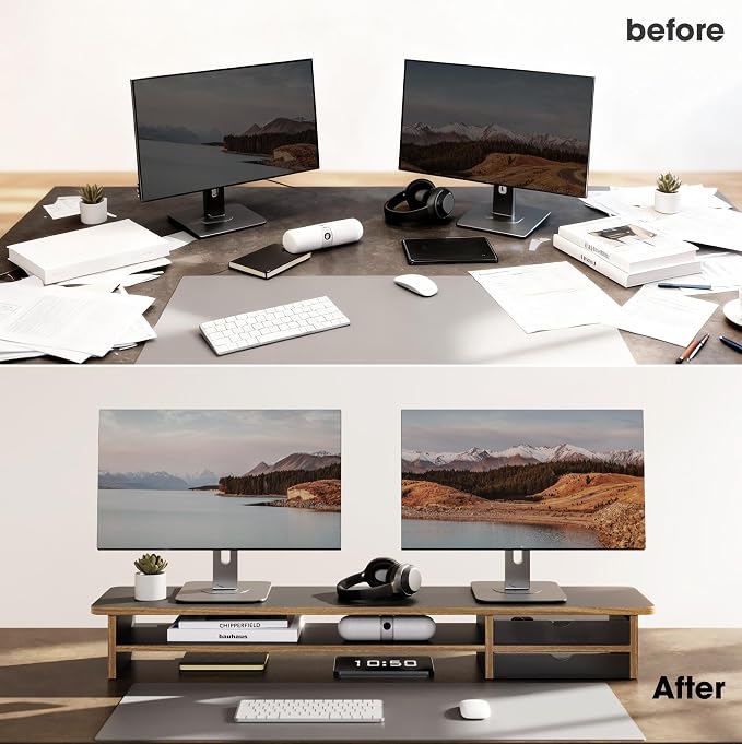 Fenge Monitor Stand, Dual Monitor Riser, 42.5inch Large Desk Computer Monitor Stand Riser with Drawer, 2 Tier Wood & Acrylic Desktop Organizer with Cable Management - Image 7