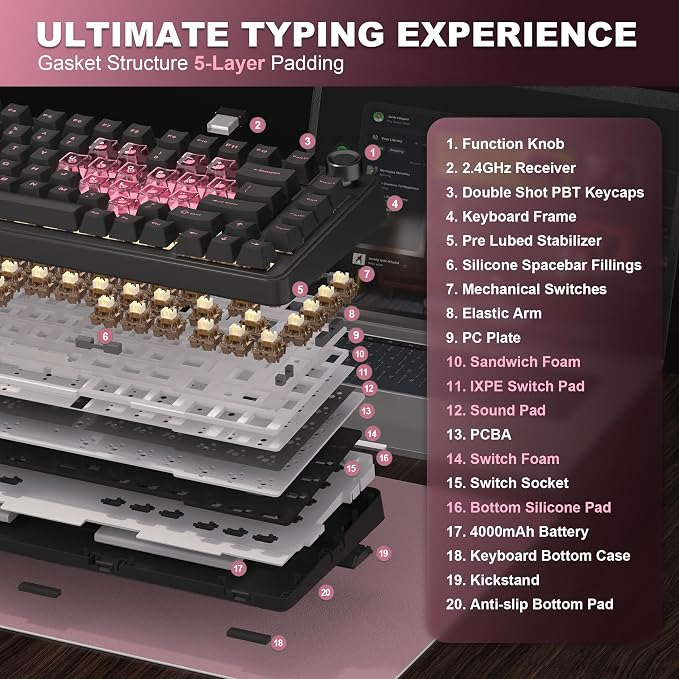 YUNZII B75 PRO 75% Wireless Mechanical Keyboard (Black Heart, CocoaV2) | Hot Swap Keyboard with Knob, Gasket Mount, Creamy Pre-lubed Switch for Smooth Typing, BT/USB-C/2.4G, for Gaming - Image 4
