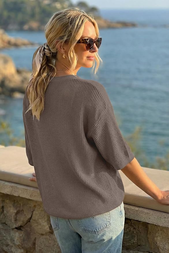 Arach&Cloz Womens Summer 100% Cotton Oversized Crochet Tops 3/4 Length Sleeve Sweater Hollow Out Casual Blouses 2026 - Image 3