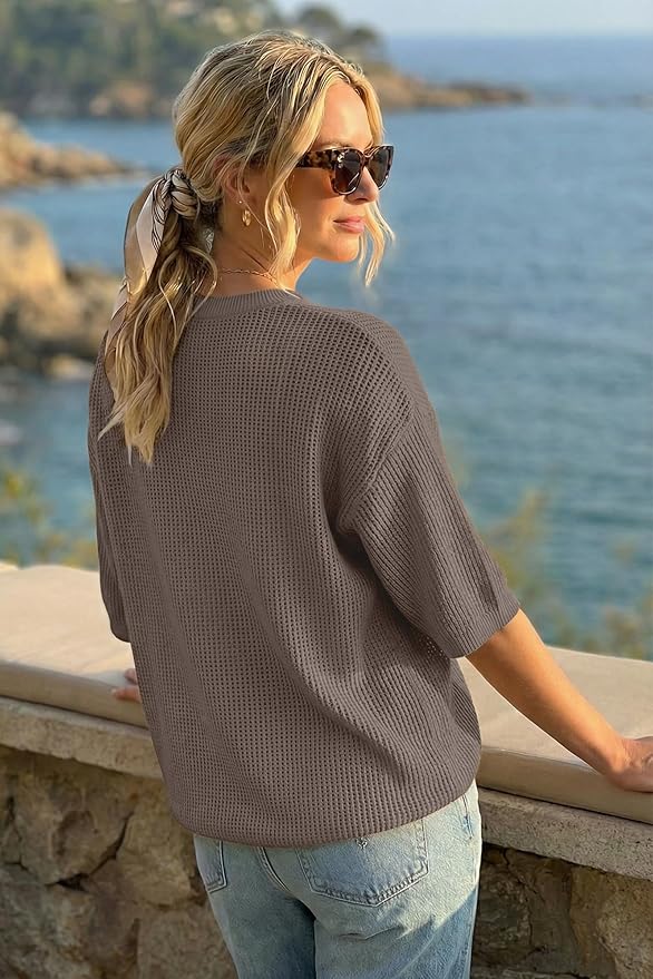 Arach&Cloz Womens Summer 100% Cotton Oversized Crochet Tops 3/4 Length Sleeve Sweater Hollow Out Casual Blouses 2026 - Image 3