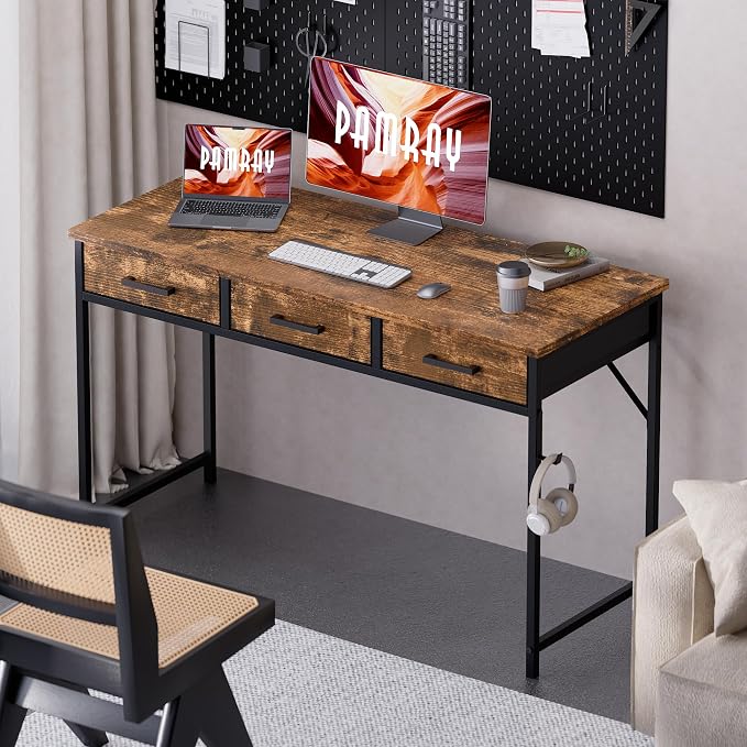 Pamray 47 Inch Small Computer Desk with 3 Drawers for Bedroom Study Writing Home Office Table for Small Spaces Vintage - Image 2