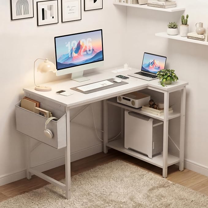TIQLAB Small Computer Desk with Power Outlets, 40 Inch L Shaped Desk with Reversible Shelves, Gaming Desk Corner Desk Study Writing Desk for Home Office Bedroom Small Space, White - Image 2