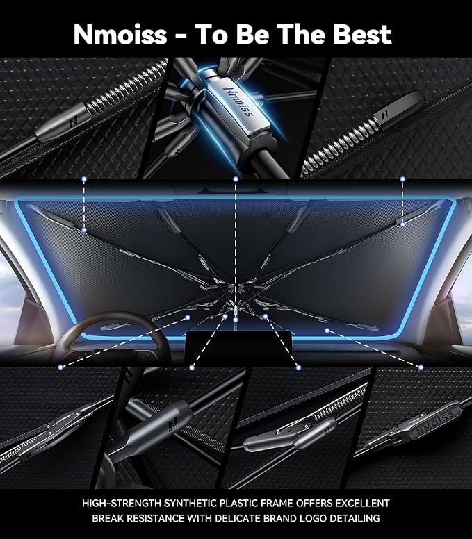 Nmoiss Windshield Sun Shade Umbrella [Vinyl Coating Heat Shield] Keep Cool | Protect Car from Sun Rays & Heat Damage and Protect Interior, Spring Structure Edge Small (53" L x 29" W) - Image 7