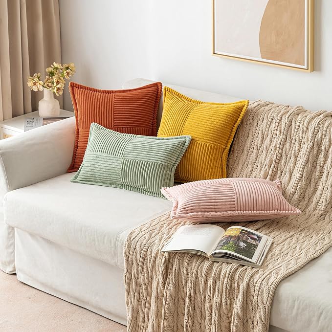 MIULEE Fall Rust Decorative Throw Pillow Covers for Couch Bed Livingroom 12x12 Inch Set of 2 Boho Accent Throw Pllows Broadside Striped Patchwork Soft Corduroy Pillowcases, Terracotta - Image 5