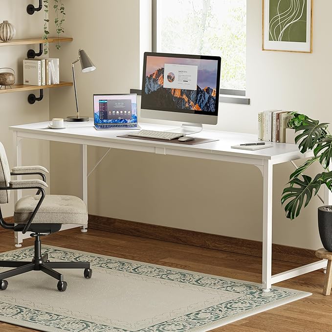 Huuger Computer Desk, 80 Inch Office Desk, Gaming Desk with Storage, Writing Desk Work Desk for Home Office, Study, Long Simple Desk, Large Legroom, Metal Frame, White - Image 7