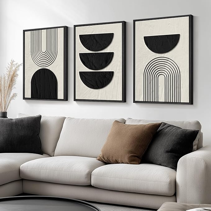 Framed Boho Wall Art for Living Room, Large 3 Piece Neutral Geometric Black and Beige Abstract Pictures Wall Art Decor, Farmhouse Vintage Artwork Home Decor for Hallway Office Guest Room 24x36 Inch by Cuspin