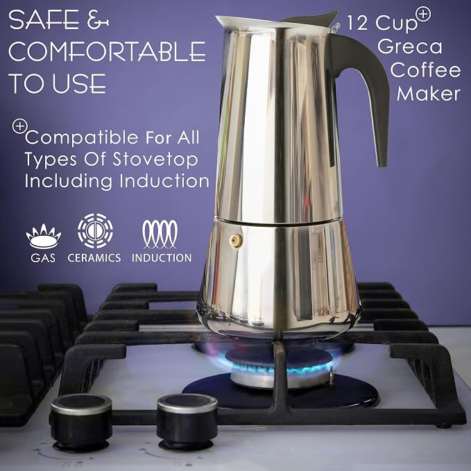 Mixpresso 12 Cup Greca Moka Pot, Stainless Steel Stovetop Espresso Maker | 600ml/20oz Italian stovetop coffee maker with classic percolator design, ideal for preparing coffee at home or while camping - Image 7
