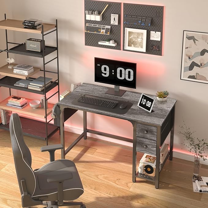 Lufeiya Computer Desk with Fabric Drawers, 40 Inch Gaming Desk for Small Space Home Office, Modern Simple Study Writing Table PC Desks for Bedroom, Gray - Image 2