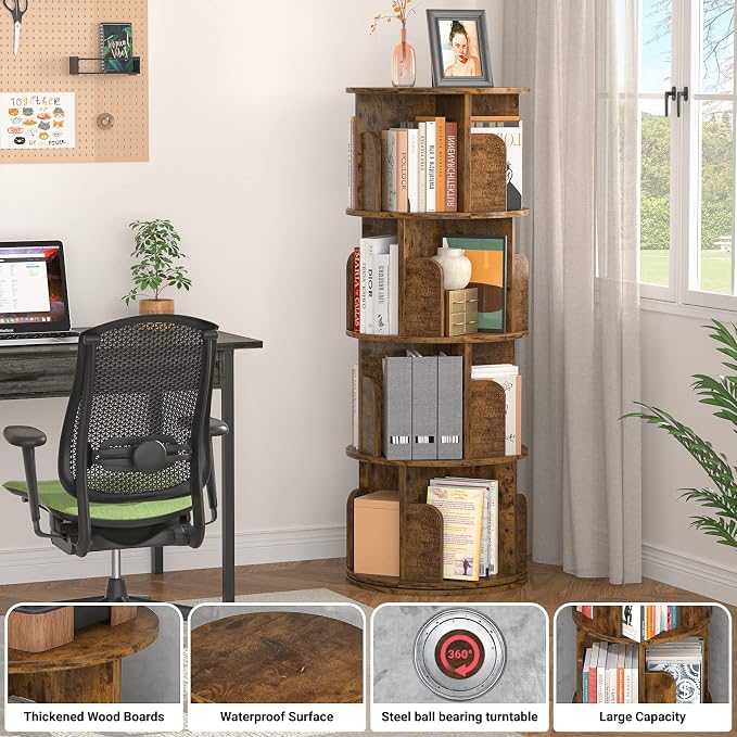 Aheaplus Rotating Bookshelf, Small Corner Bookshelf for Small Space, 360 Display 4 Tier Floor Standing Bookcase Storage Rack, Wood Narrow Book Shelf Organizer for Bedroom, Living Room, Rustic Brown - Image 4
