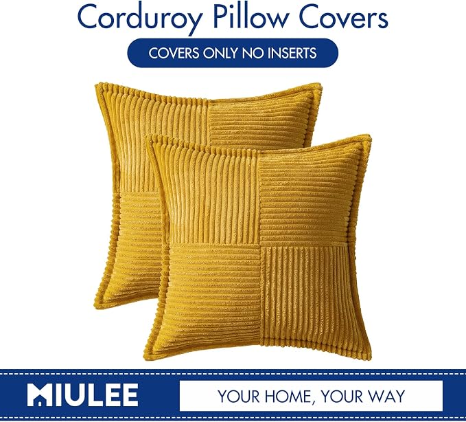 MIULEE Decorative Throw Pillow Covers for Couch Bed Livingroom 20x20 Inch Set of 2 Fall Mustard Yellow Boho Accent Throw Pllows Broadside Striped Patchwork Soft Corduroy Pillowcases - Image 6