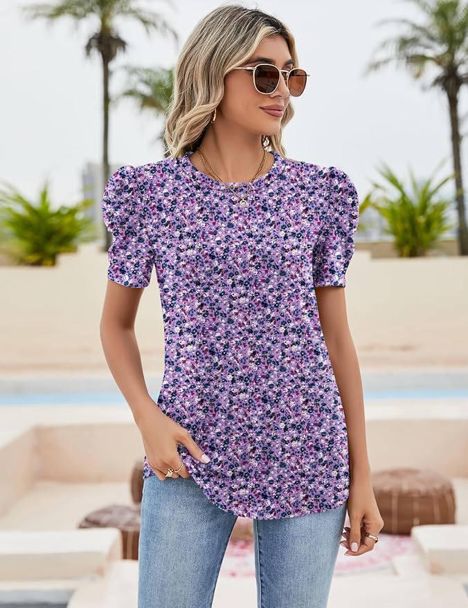 Ivicoer Puff Short Sleeve Shirt for Women Eyelet Tops Summer Crewneck Blouse Loose Fit S-XXL - Image 2