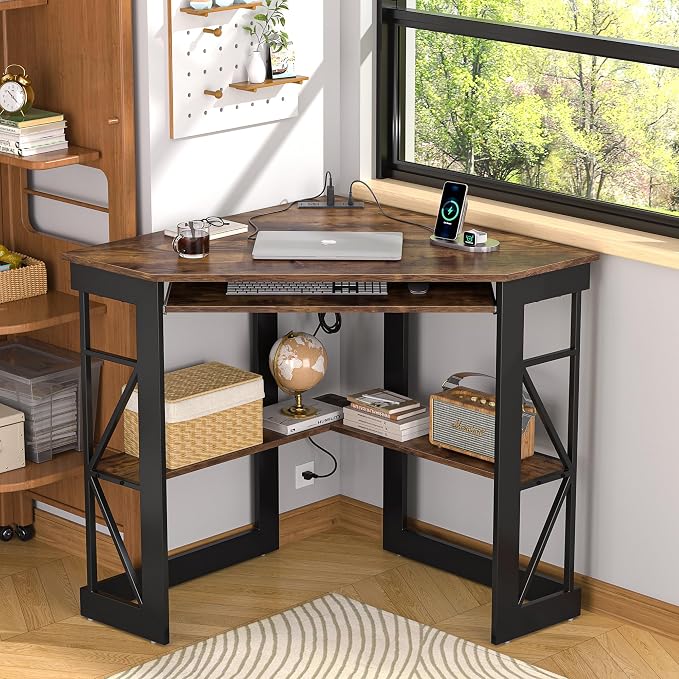 VECELO Corner Desk, Triangle Computer Desk for Small Space with Charging Station and Keyboard Tray, Corner Makeup Table with Storage Shelves for Home Office Bedroom, 41x30, Vintage Brown - Image 2