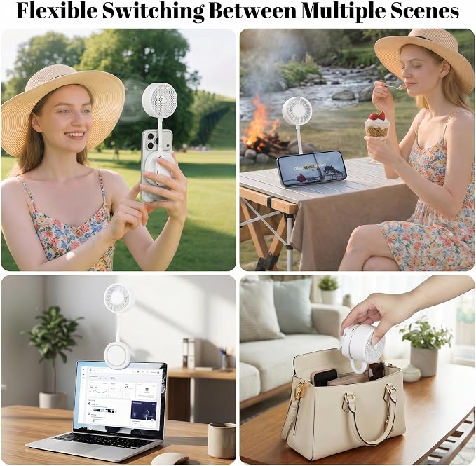 Magnetic Phone Fan, Small Portable Fan & Phone Stand with 360° Flexible Gooseneck, 3 Speeds, Wide Airflow, Rechargeable, Pocket Size for Women, Travel, Beach, Summer Cooling, Makeup Use, White - Image 4