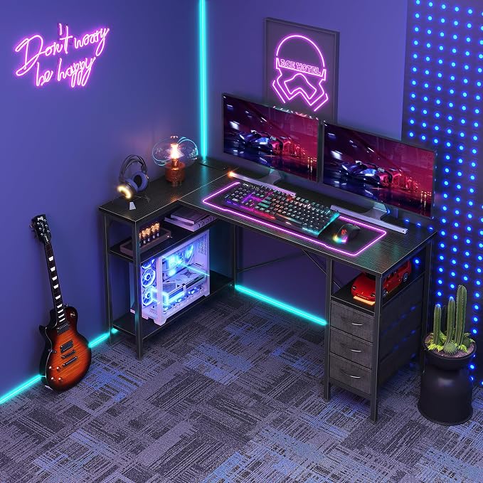 DUMOS L Shaped Desk with Drawers, Gaming Desk, 55 Inch | Power Outlet, Study Table, Adjustable Shelves, Home Office, Corner Computer Workstation, Bedroom, Black - Image 8