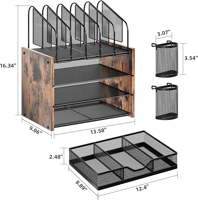 Marbrasse Desk organizer with Drawer, 4-Tier Wooden File Organizer with 5 Vertical File Holders and 2 Pen Holders, Desk Organizers and Accessories for Home Office - Dark Brown - Image 6