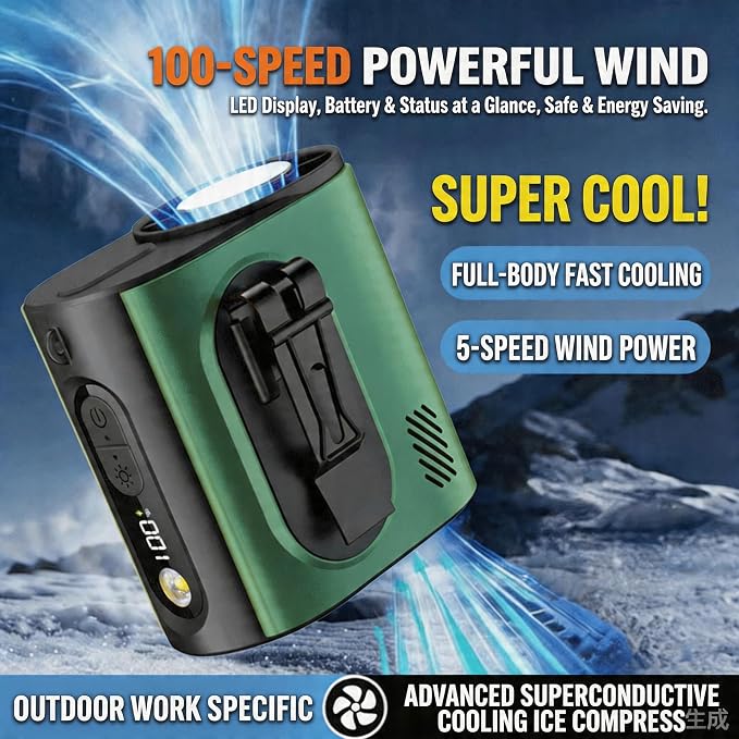 Portable Wearable Waist Fan,with Ice Cooler & Flashlight,10000mAh Rechargeable Clip On Belt Cooling Fan, 100-Speed 16000RPM Personal Body Fan,20H Work Time for Camping,Outdoor,Jobsite(Green) - Image 3