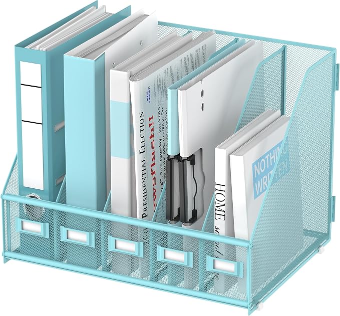SUPEASY Desk Organizers Metal Desk Magazine File Holder with 5 Vertical Compartments Rack File Organizer for Office Desktop, Classroom, Home Workspace, Blue Plus by SUPEASY