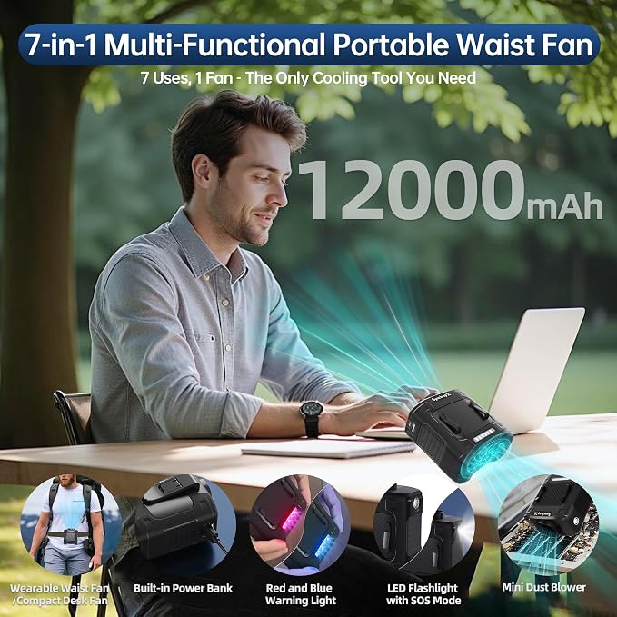 Waist Fan, Dual Motor Belt Fan, 12000mAh Rechargeable Cooler, 75ft/s Turbo Airflow, 17000RPM 5-Speed, Up to 24H Runtime, LED SOS & Red-Blue Warning Light for Jobsite, Farm, Delivery - Image 4