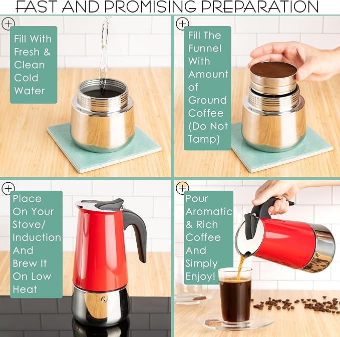 Mixpresso 9 Cup Greca Moka Pot Red Stainless Steel Stovetop Espresso Maker | 450ml/15oz Italian stovetop coffee maker with classic percolator design, ideal for preparing coffee at home or while camping - Image 4