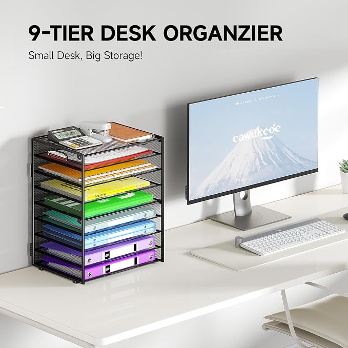 Cawukege 9 Tier Paper Organizer with Handle, Black Large Capacity Desk Organizer Mesh File Folder Letter Paper Tray Desktop Document Sorter for Classroom, School, and Office Accessories Organization - Image 2