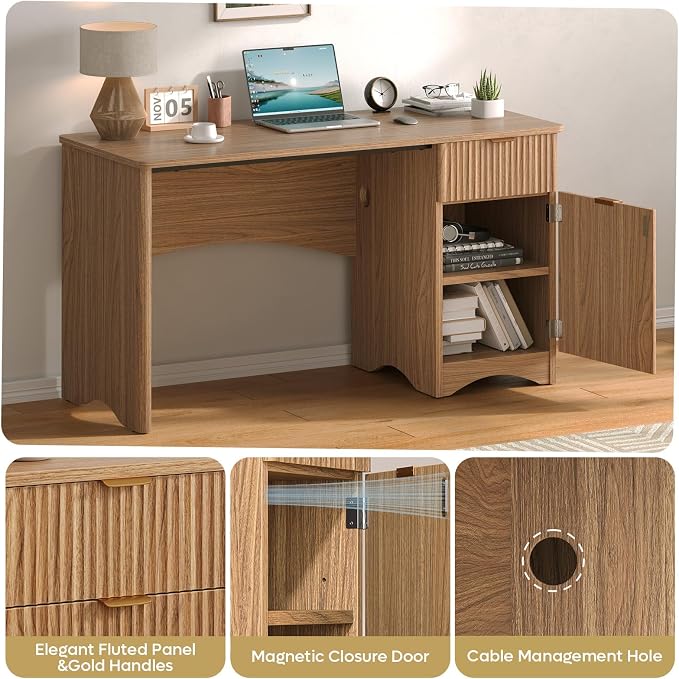 Bestier Computer Desk with Drawer, 47 inch Office Desk with Storage Cabinet, Modern Wood Desk Adjustable Shelves for Home Office Bedroom Study, Brown Oak - Image 3