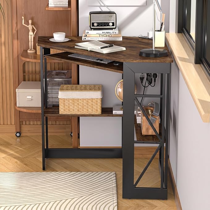 VECELO Corner Desk, Triangle Computer Desk for Small Space with Charging Station and Keyboard Tray, Corner Makeup Table with Storage Shelves for Home Office Bedroom, 41x30, Vintage Brown - Image 4