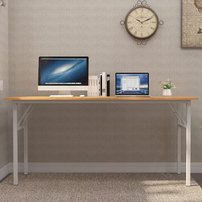 Need Home Office Desk - 62 Inches Large Computer Desk Sturdy Black Table Foldable Desk Gaming Computer Table No Assembly Required Teak&White AC5BW(157.5 * 60) | White Frame Writing Gaming Work Table/Foldable Home Office Desk/Sewing Table, No Assembly R... - Image 9