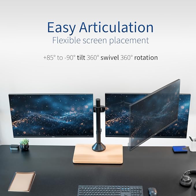 VIVO Dual Monitor Desk Stand for 13 to 32 inch Screens, STAND-V002FD-B | Articulating, Freestanding Adjustable Monitor Arm, Black with Wood Base, Computer Stand for 2 Monitors, Holds 22 lbs Each - Image 5