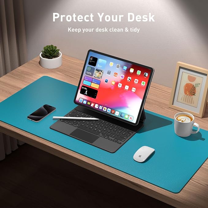 Aothia Leather Desk Pad Protector, Office Desk Mat, Large Mouse Pad, Non-Slip PU Leather Desk Blotter, Laptop Desk Pad, Waterproof Desk Writing Pad for Office and Home (48"x17", Turquoise) - Image 3