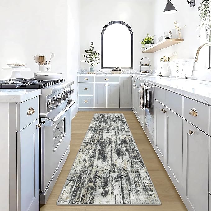 2'6''x8' Runner Rugs Washable Rug: Modern Abstract Hallway Runner Rug Indoor Soft Low Pile Thin Carpet Anti-Skid Non-Shedding Carpets for Kitchen, Entryway, Laundry, Bedroom - Black Grey Gold by GENTDRIZZ