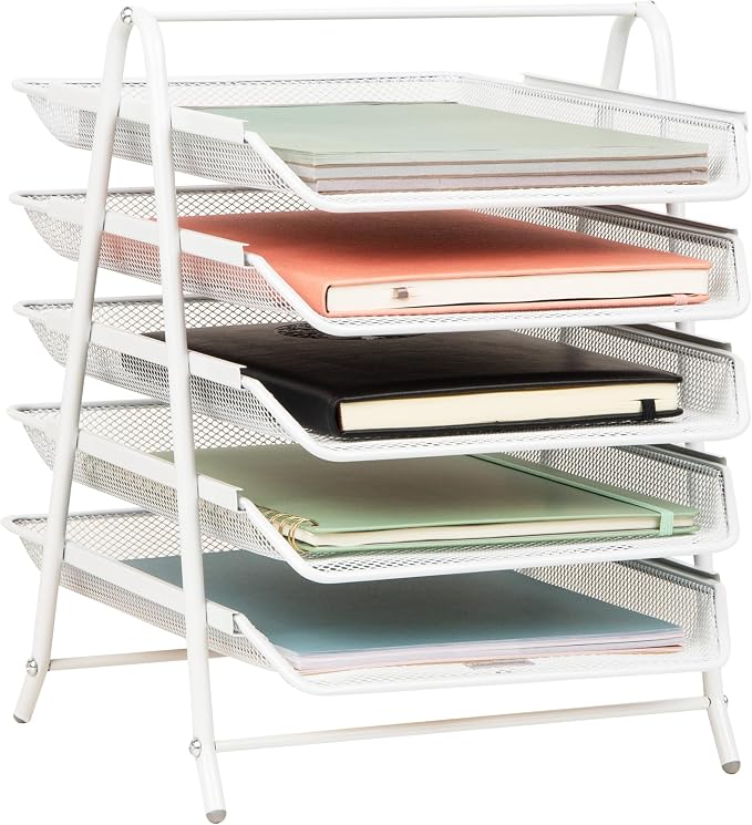 Mind Reader 5-Tier Paper Tray Organizer, White | Vertical Desktop File Storage Rack, Office, Metal Mesh by MindReader