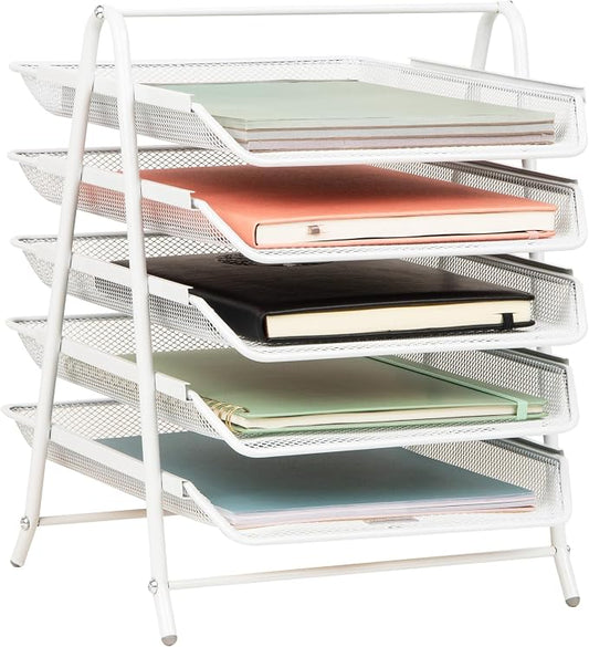 Mind Reader 5-Tier Paper Tray Organizer, White | Vertical Desktop File Storage Rack, Office, Metal Mesh by MindReader