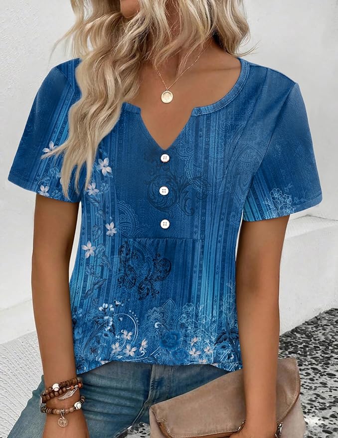 Zeagoo Womens Short Sleeve Tops Summer Henley V-Neck Tshirts Casual Pleated Blouse Dressy Loose Floral Basic Tee - Image 3