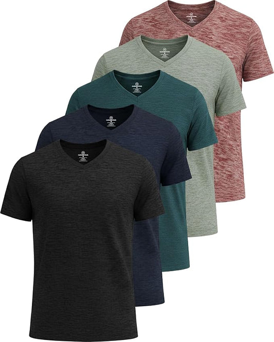 5 Pack Men's Dry Fit V Neck Gym Workout T Shirts Athletic Moisture Wicking | Cooling, Quick Dry, Breathable, Short Sleeve, Exercise, Cycling, Sports, Outdoor, Fitness, Golf, Crossfit, Hiking, Tennis by RealEssentials
