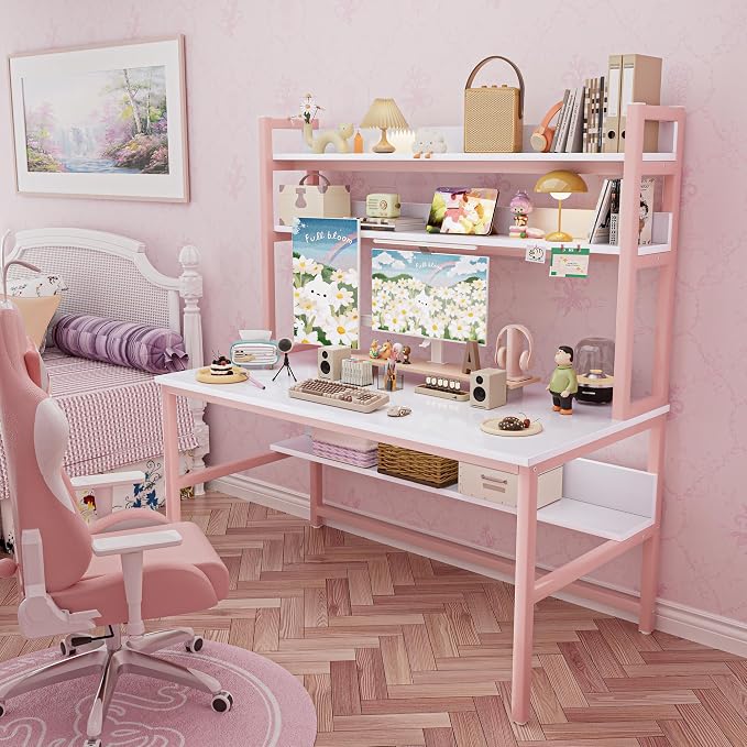 Aquzee Pink Girls Desk with Hutch, 55in Computer Desk with Bookshelf for Teens Adults, Craft Table for Bedroom Kids Room, White Pink Study Table with Shelves for Storage - Image 2