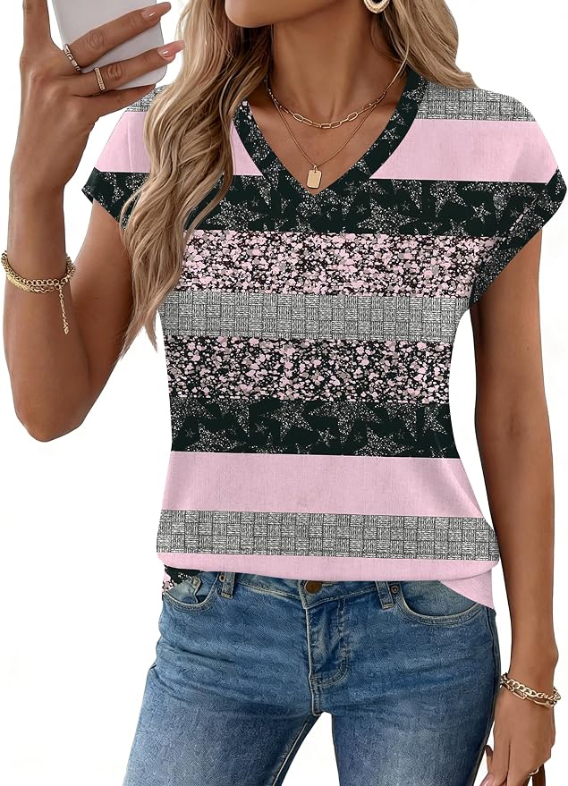 Rapbin Womens Summer Tops Women Blouses Dressy Casual V Neck T Shirts Short Sleeve Spring Tops for Women - Image 2