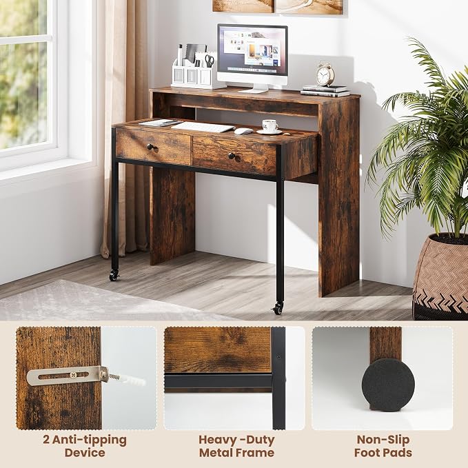 Giantex Small Computer Desk with Hutch & Drawers, Extendable Writing Desk w/Pull Out Secondary Table, Monitor Stand & Rolling Wheels, Console Table, Compact Desk for Small Spaces (Rustic Brown) - Image 9