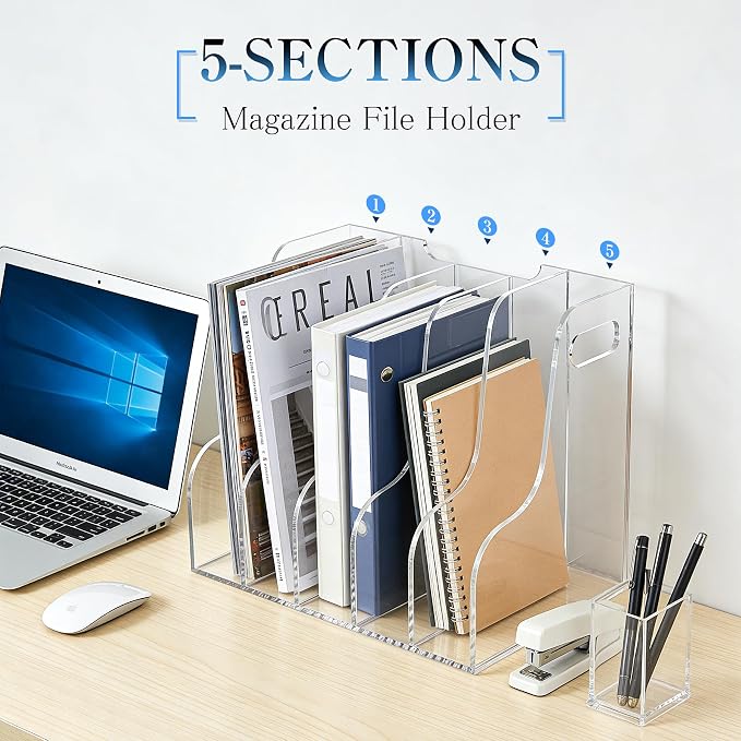 5-Tier Clear Acrylic File Holder, Vertical Document Organizer for Magazines, Binders, Notebooks & Envelopes - Multi-Purpose Desk Storage for Home Office（A4,5 Sections） - Image 3