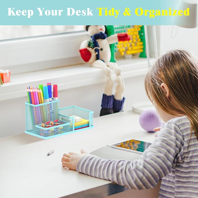 SUPEASY Mesh Pen Holder Desk Organizer, Office Supplies Pencil Storage with 3 Compartments, Office Desk Accessories and Workspace Organizers for Home School, Blue - Image 6