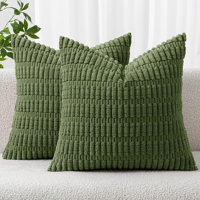 MIULEE Pack of 2 Spring Corduroy Decorative Throw Pillow Covers 20x20 Inch Soft Boho Striped Pillow Covers Modern Farmhouse Home Decor for Summer Sofa Living Room Couch Bed Moss Green by MIULEE