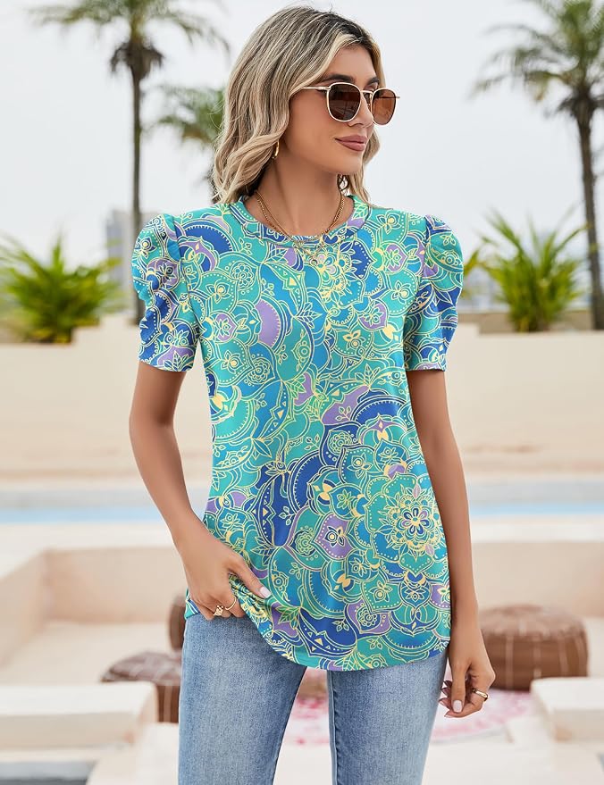 Ivicoer Puff Short Sleeve Shirt for Women Eyelet Tops Summer Crewneck Blouse Loose Fit S-XXL - Image 2
