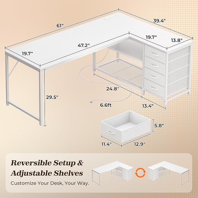 PRAISUN 61" L Shaped Desk with Power Outlets & USB-C Port, Reversible Computer Corner Office Desk with 4 Fabric Drawers and 2 Storage Shelves, Large Desk for Gaming Writing Study, White - Image 3