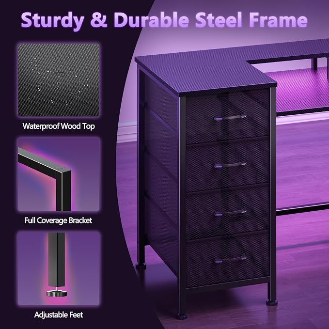 Korfile 47 Inch Computer Gaming Desk with Power Outlets & LED Lights Reversible Home Office Desk with Adjustable 5 Fabric Storage Drawers for Working Writing Study, Carbon Fiber Black | For gaming and working,built-in power outlets and LED lights,5 fab... - Image 5