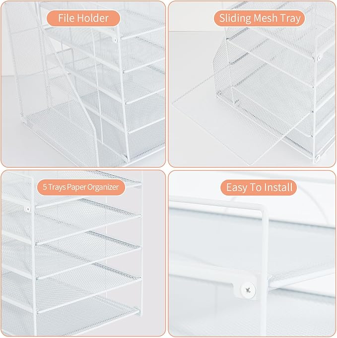 LEKETREE Desk Organizers and Accessories, 5-Tier Paper Letter Tray Organizer with File Holder, Desktop Organizer for Office Supplies (White) - Image 5